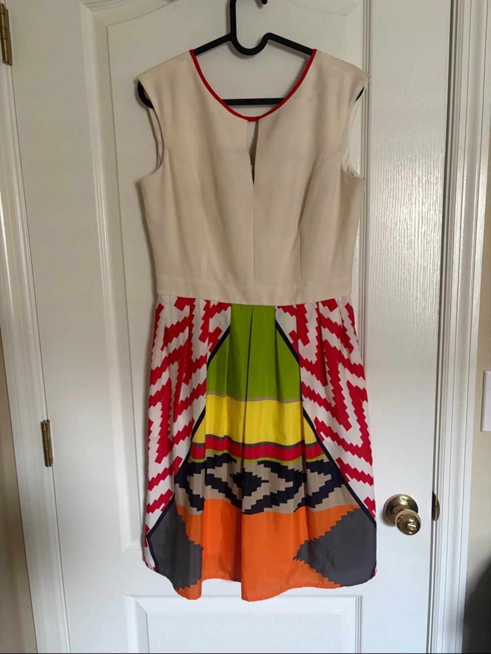 Ellen Tracy Cream Midi Dress with Red Trim and Multicolor Geometric Skirt